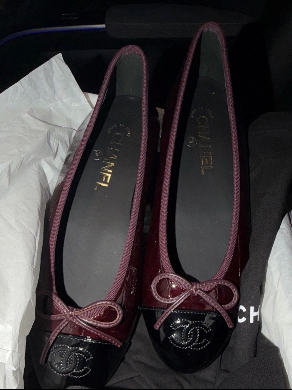 CHANEL Burgundy Croc and Black Patent Leather Cap-Toe Ballet Flats